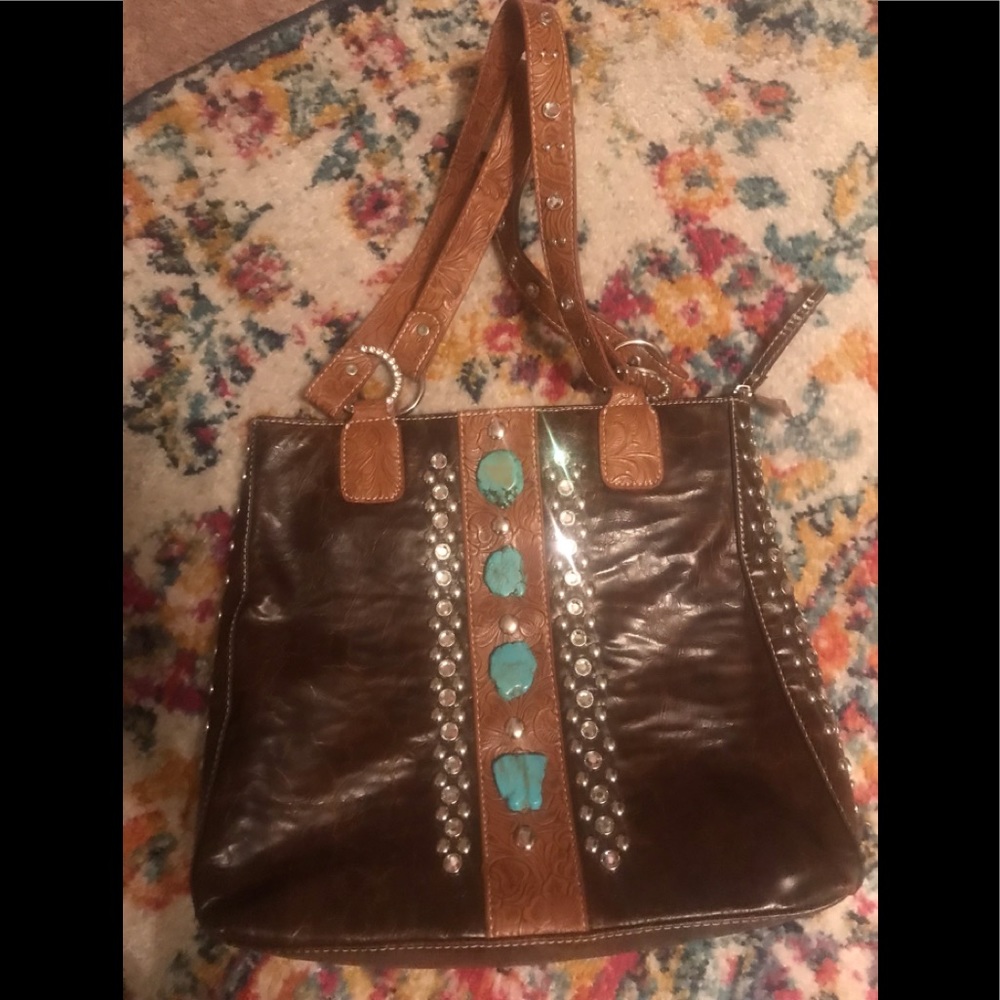 Beautiful Brown Leather Turquoise Handbag